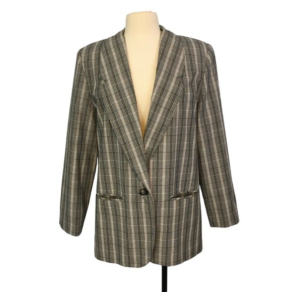 Counterparts Counterparts Vintage‎ Womens Black White Plaid Oversized Blazer 12 - Picture 1 of 8